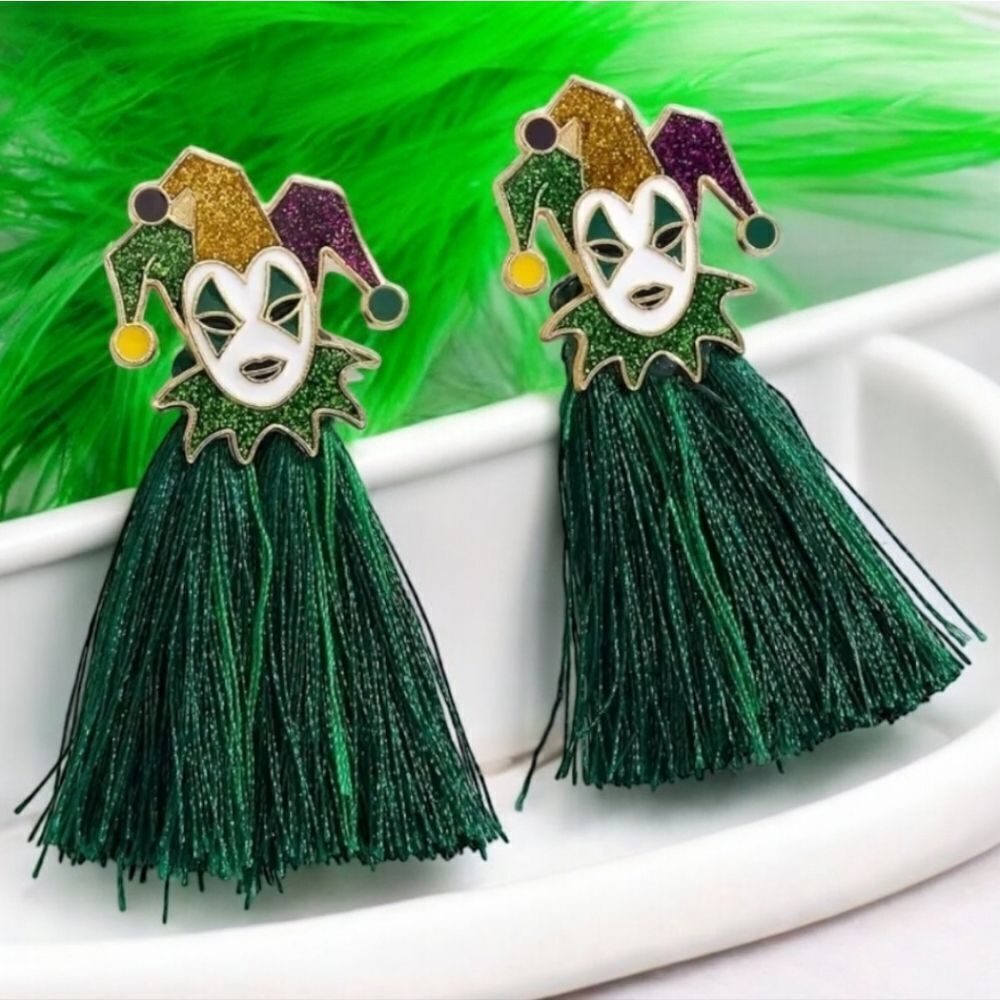 Mardi Gras Jester Fringe Earrings Green Tassel Carnival Pierced Studs Dangle